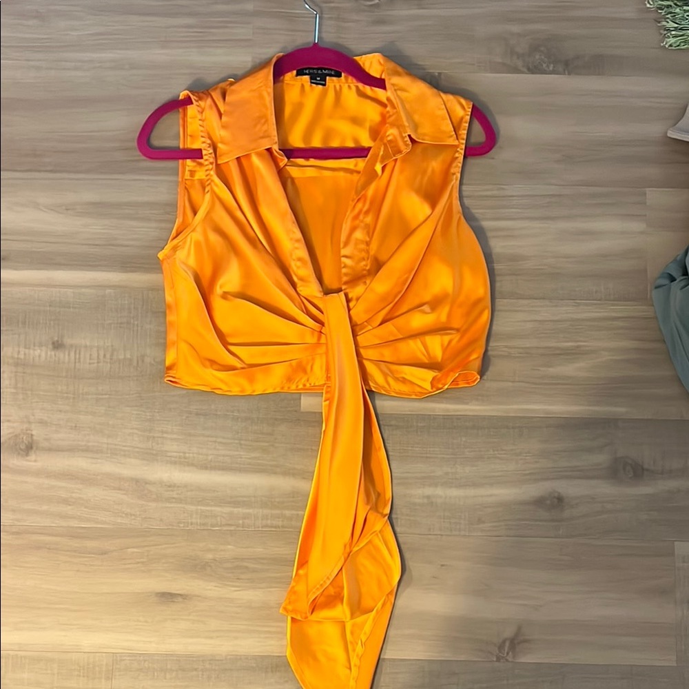 Orange Sleeveless Crop Top with Tie Front and Notched Collar